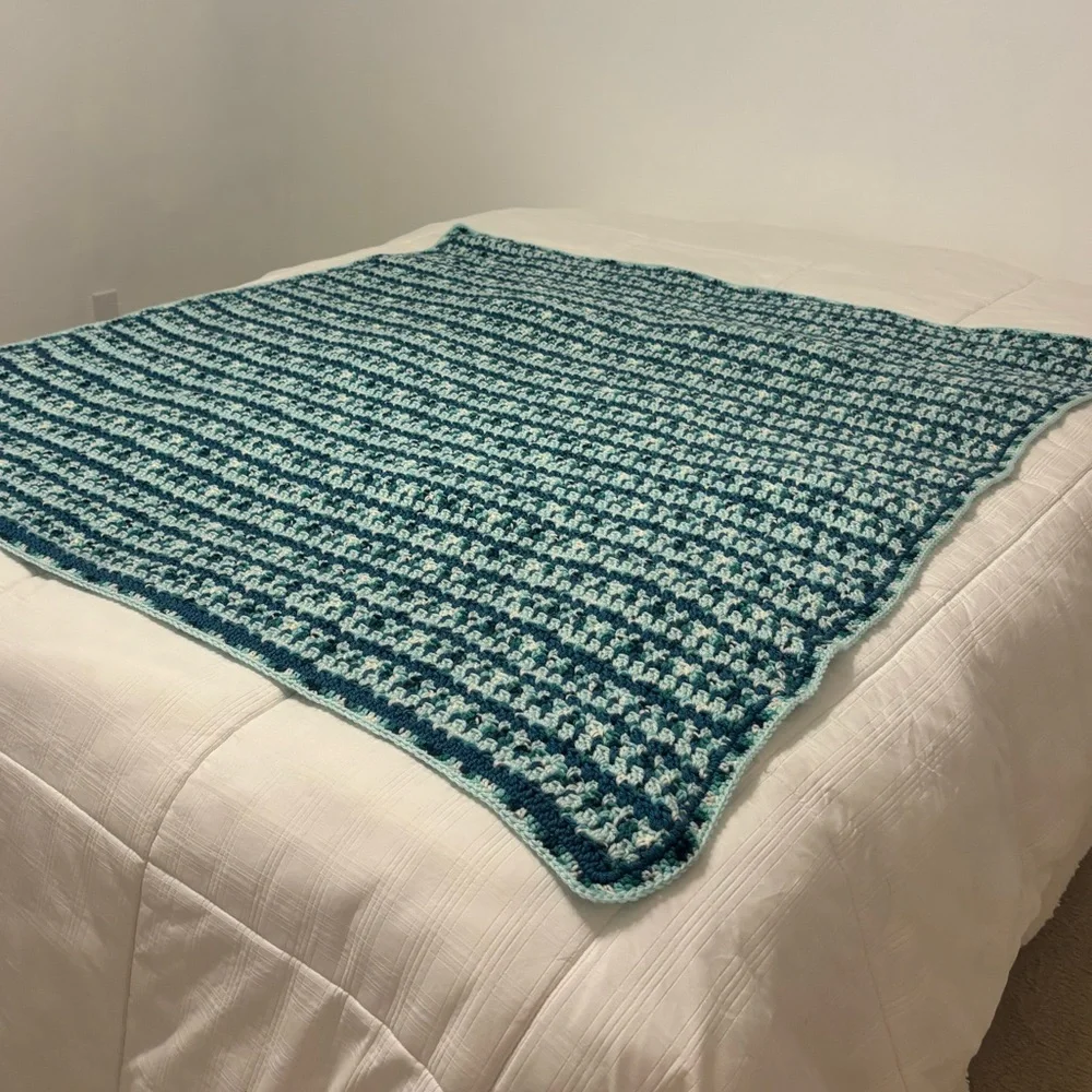 Handmade Crochet Blanket Throw Quilt Sea Glass Coastal Blue Aqua Green 56” X 54”